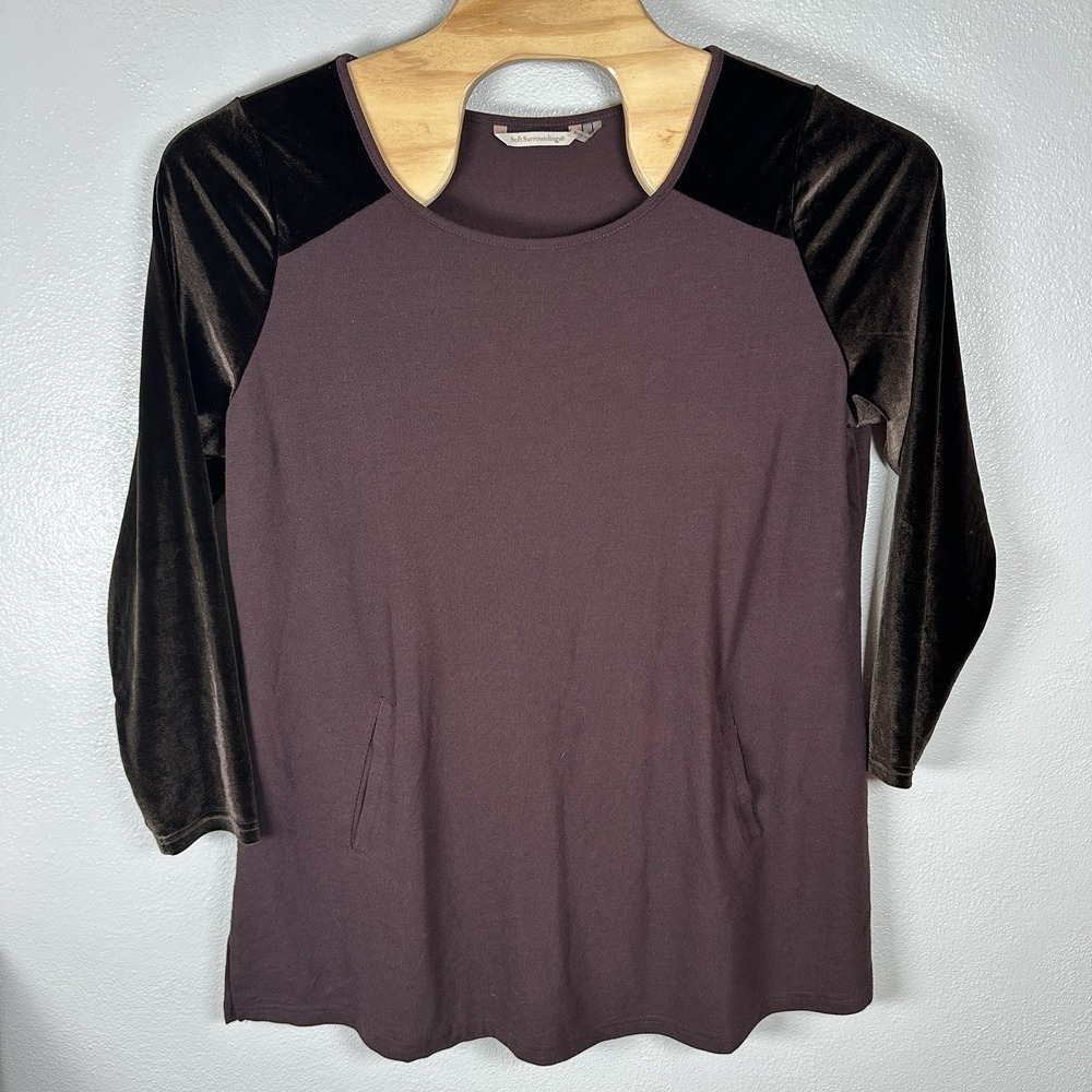 Soft Surroundings Brown Velvet Sleeve Kangaroo Pocket Tunic Basic Top Womens 1X
